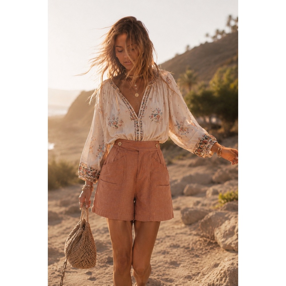 NEW Free People ALOHA Women 2 ROSE LINEN Shorts High Waist Pockets